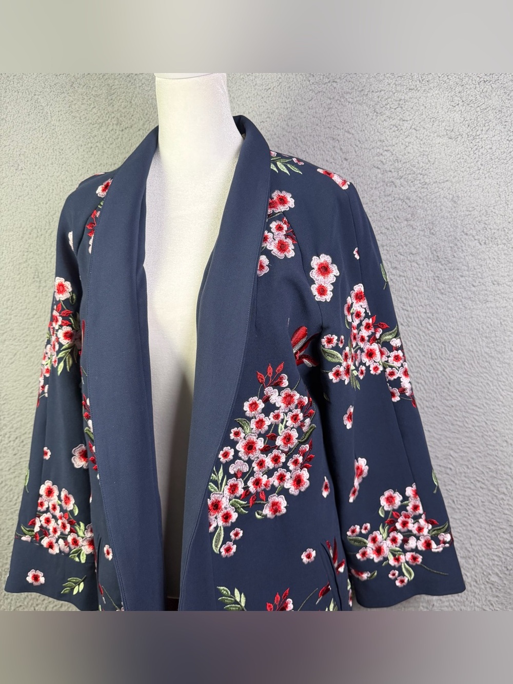 Soft Surroundings Jacket Kimono Womens Small Navy Floral Embroidered Lined - Picture 2 of 13